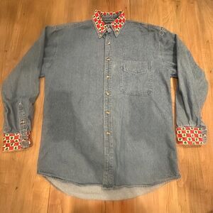 Vintage 90s Denim Button Down Shirt Christmas Tree Plaid Collar Cuffs Size Small